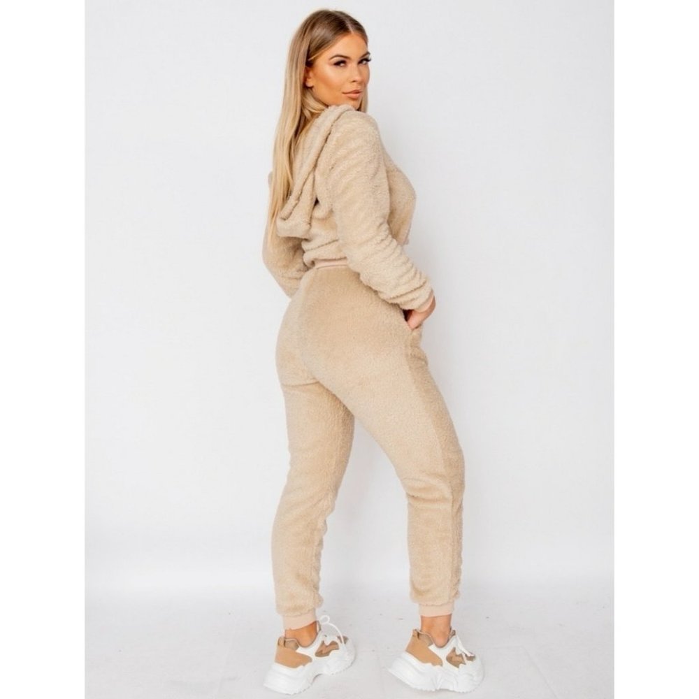 Beige Teddy Bear Fur Long Sleeve Hooded Crop Top and Jogger Pants Two Piece Set - Picture 8 of 11